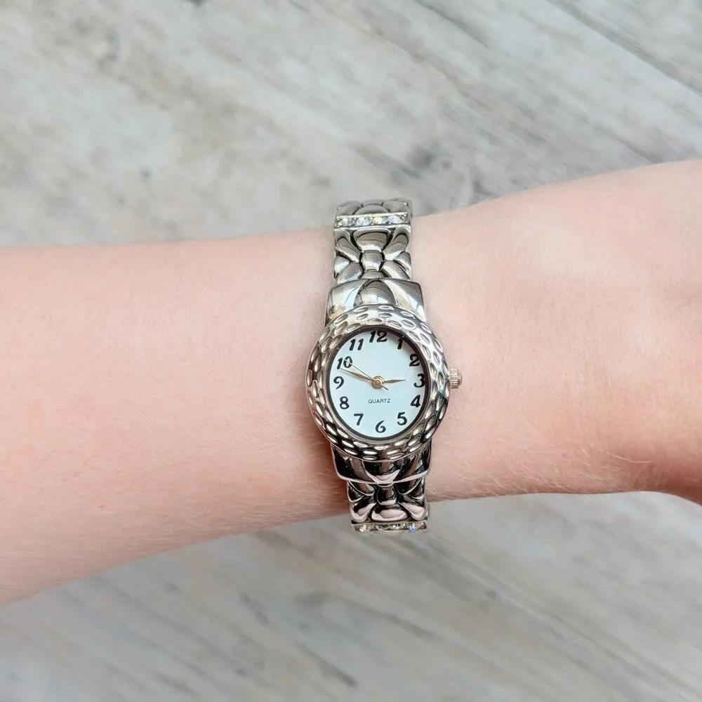 Vintage Silver Tone Cuff Bracelet Watch Floral Stretch Bangle Quartz Antique